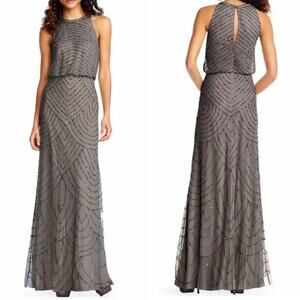 NWT BHLDN ADRIANNA PAPELL DRESS MADIGAN BEADED LEAD SILVER ART DECO BLOUSON MAXI